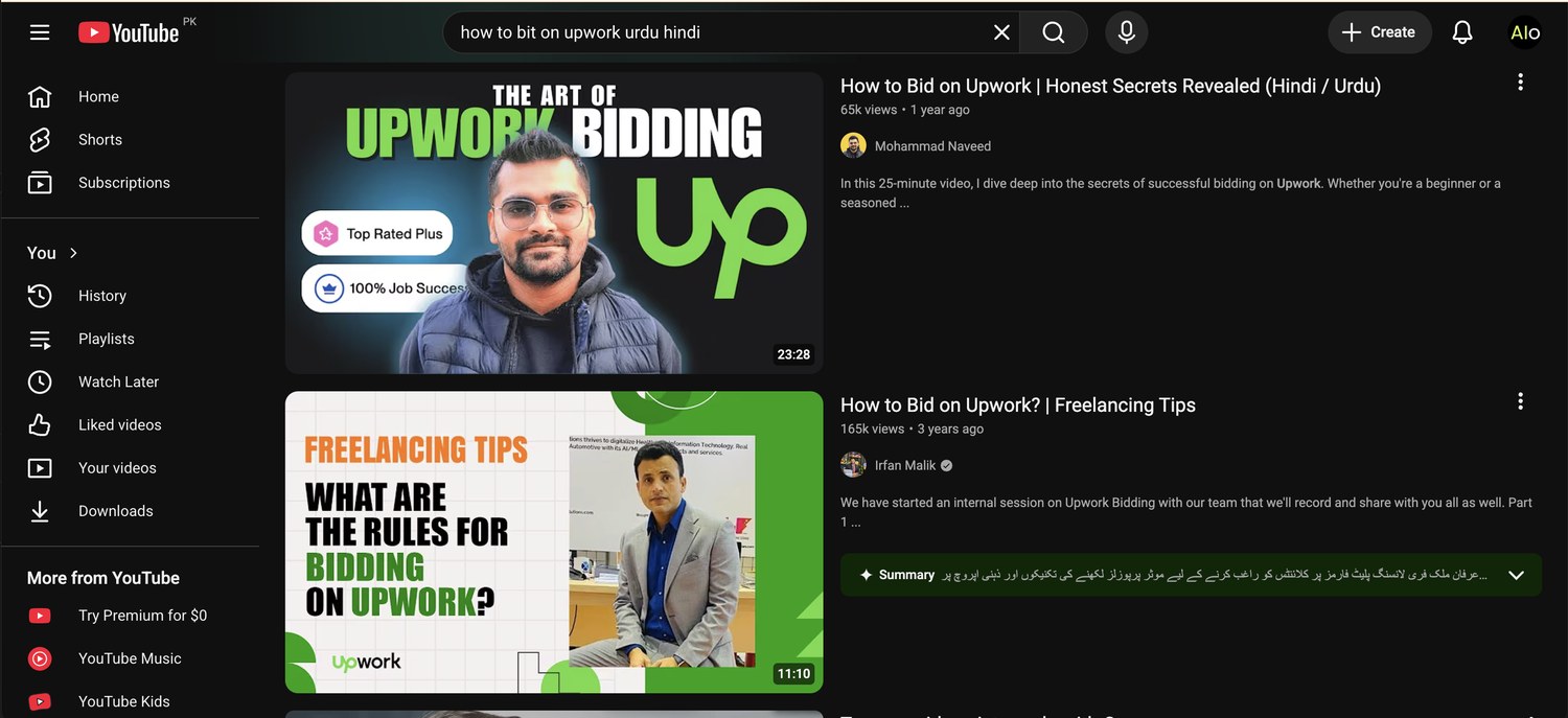 The YouTube video, ranked number one for how to bid on Upwork in Urdu and Hindi
